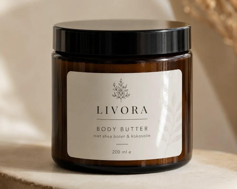 Rechthoekig vinyl productlabel op amber glazen body butter-pot — minimalistisch design voor cosmetica-merk