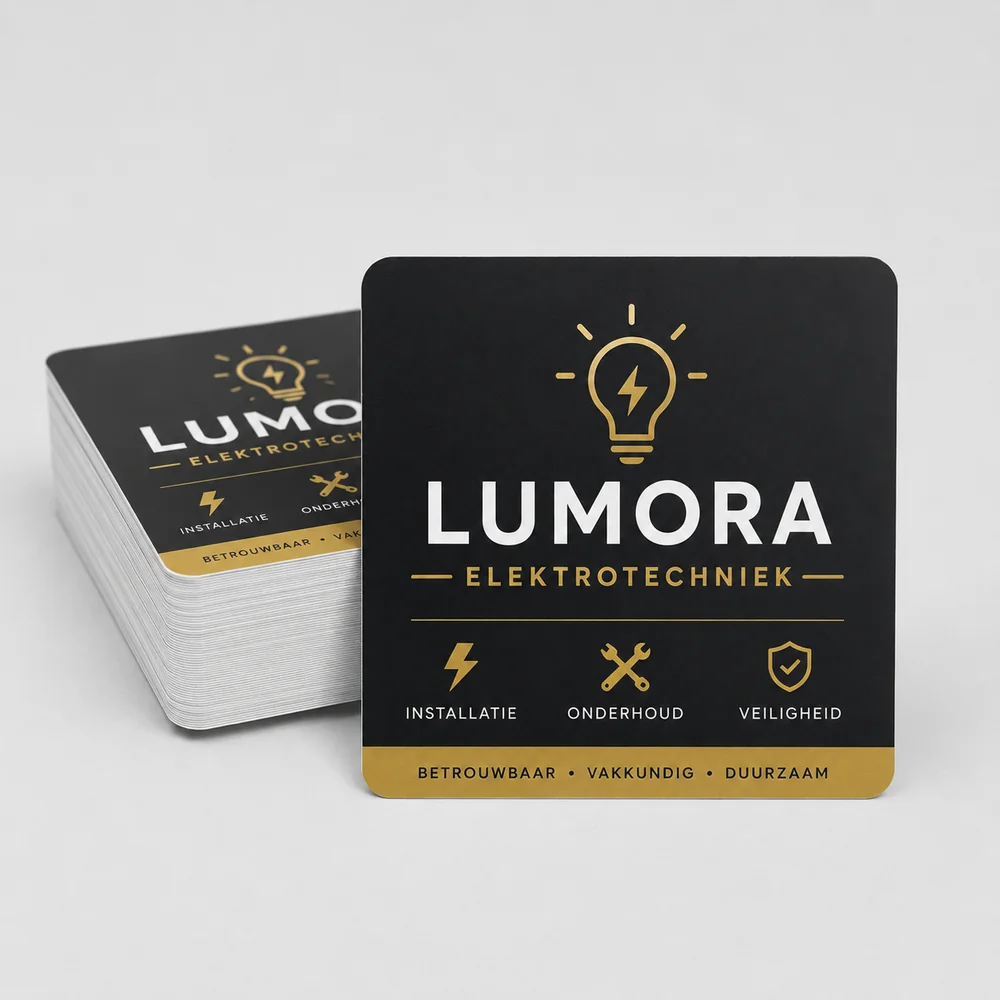 Stapel vierkante promotie-stickers 'Lumora Elektrotechniek' met zwarte achtergrond en gouden accenten — vinyl marketing-stickers voor bedrijfsacties, evenementen en give-aways