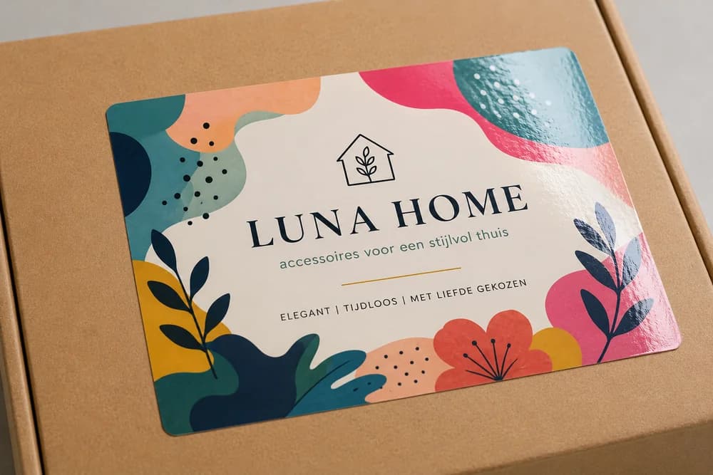 Groot rechthoekig vinyl verzendlabel met kleurrijk bloemen-design op kartonnen verzenddoos — merksticker voor webshop-verpakking