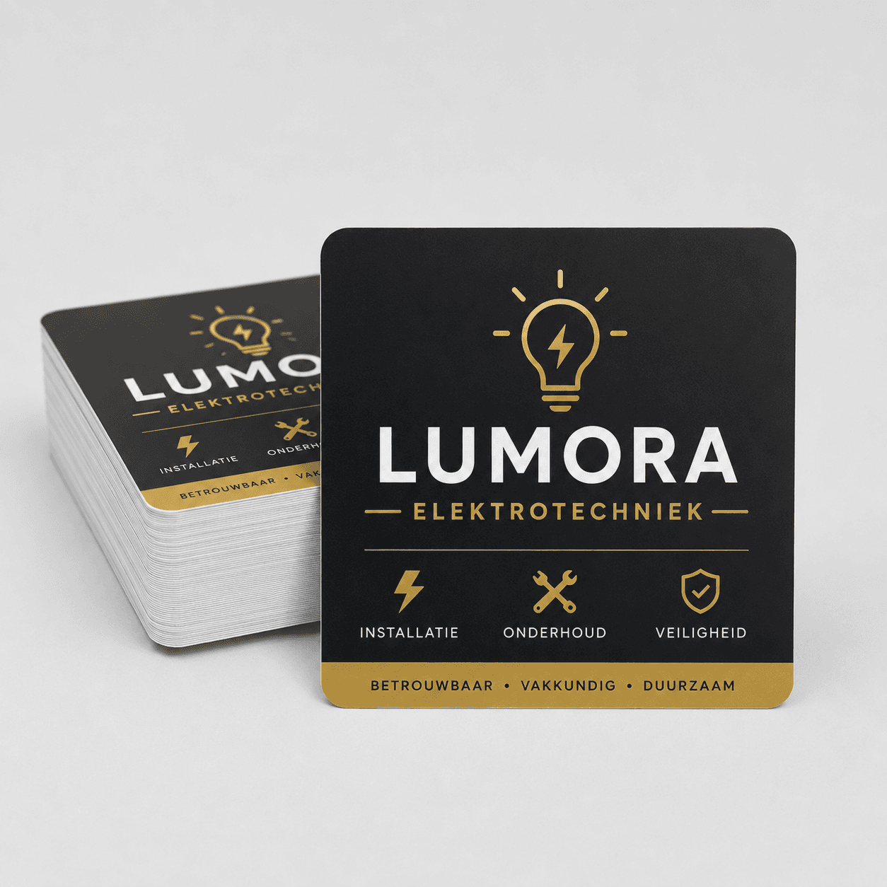 Stapel zwarte bedrijfsstickers Lumora Elektrotechniek