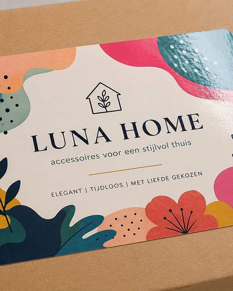 Custom vinyl merksticker 'Luna Home' met kleurrijk bloemen-design op kartonnen verzenddoos — premium gedrukt en handgemaakt in Nederland door Plakify