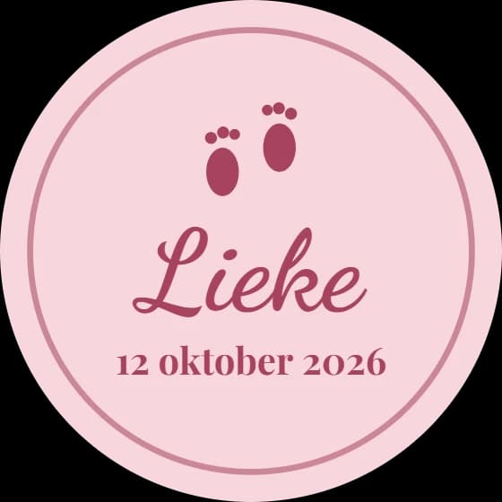 Ronde roze geboortesticker met voetjes, naam en datum