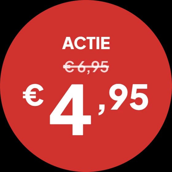 Ronde rode prijssticker met Actie, oude prijs 6,95 doorgestreept en 4,95