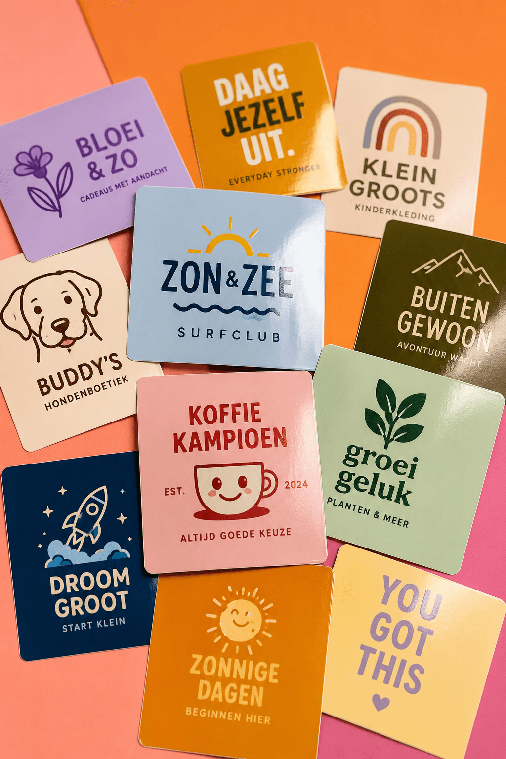 Diverse vierkante stickers met verschillende merk-designs — Plakify maakt elke vorm en elk formaat