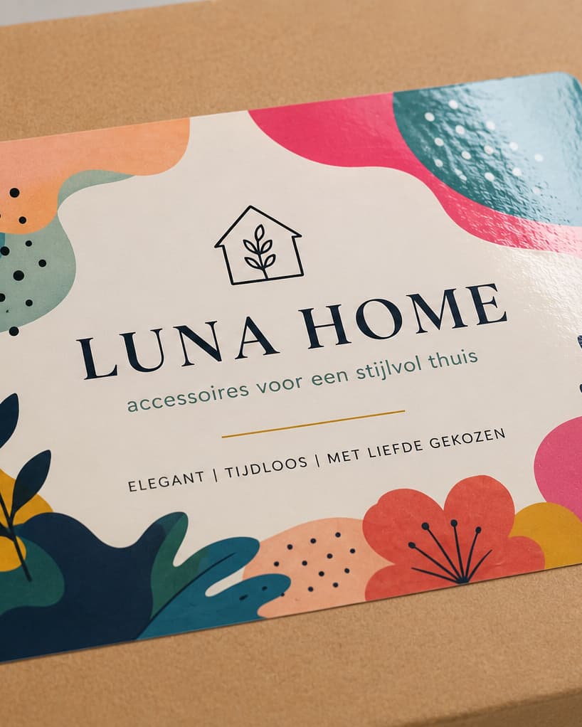 Premium vinyl sticker met full-colour Luna Home design op kraft doos — 80 micron, glanzend, waterbestendig